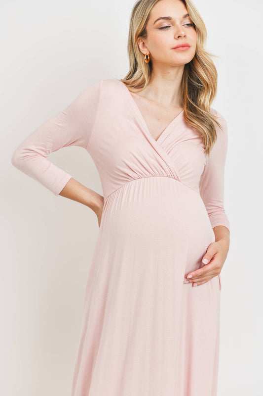 Blush / M: Surplice Quarter Sleeve Nursing Maxi Dress