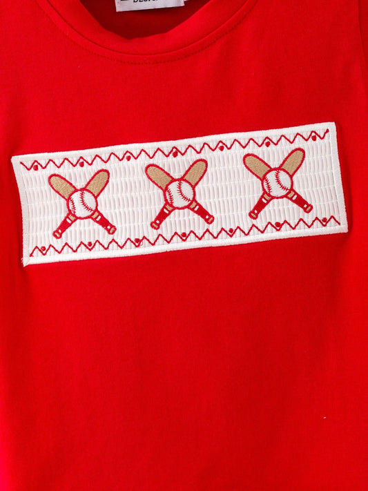3T Toddler Boys Red Baseball Smocked Tee and Blue Plaid Shorts Set