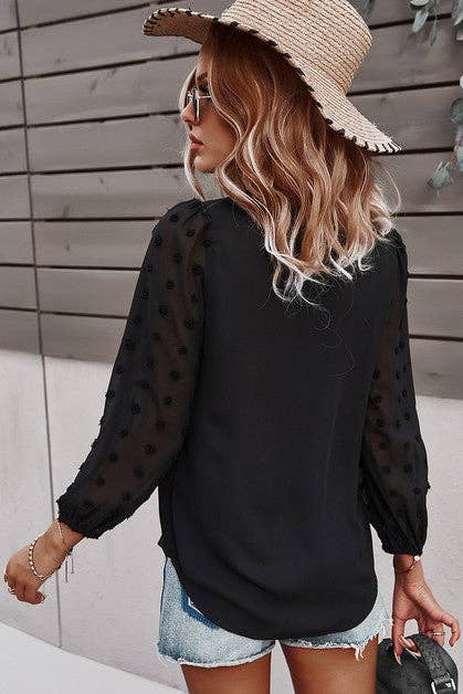 Solid V Neck Lantern Sleeve Swiss Dot Shirt: NAVY / L