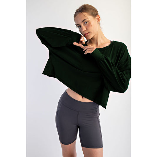 Black / S: COTTON SLUB OPEN BACK LONG SLEEVE TOP