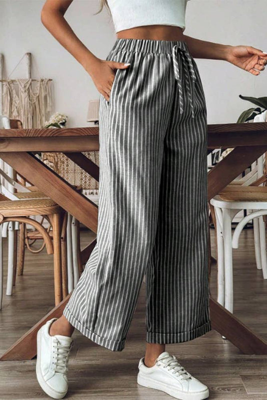 (L) Stripes Wide Leg Cropped Pants ZK2163: Black / L