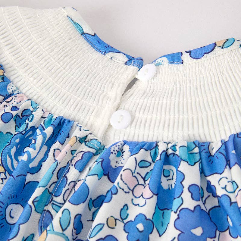 Baby Girls "JESUS LOVES ME" Blue Floral Smocked Embroidery Romper: 3-6M