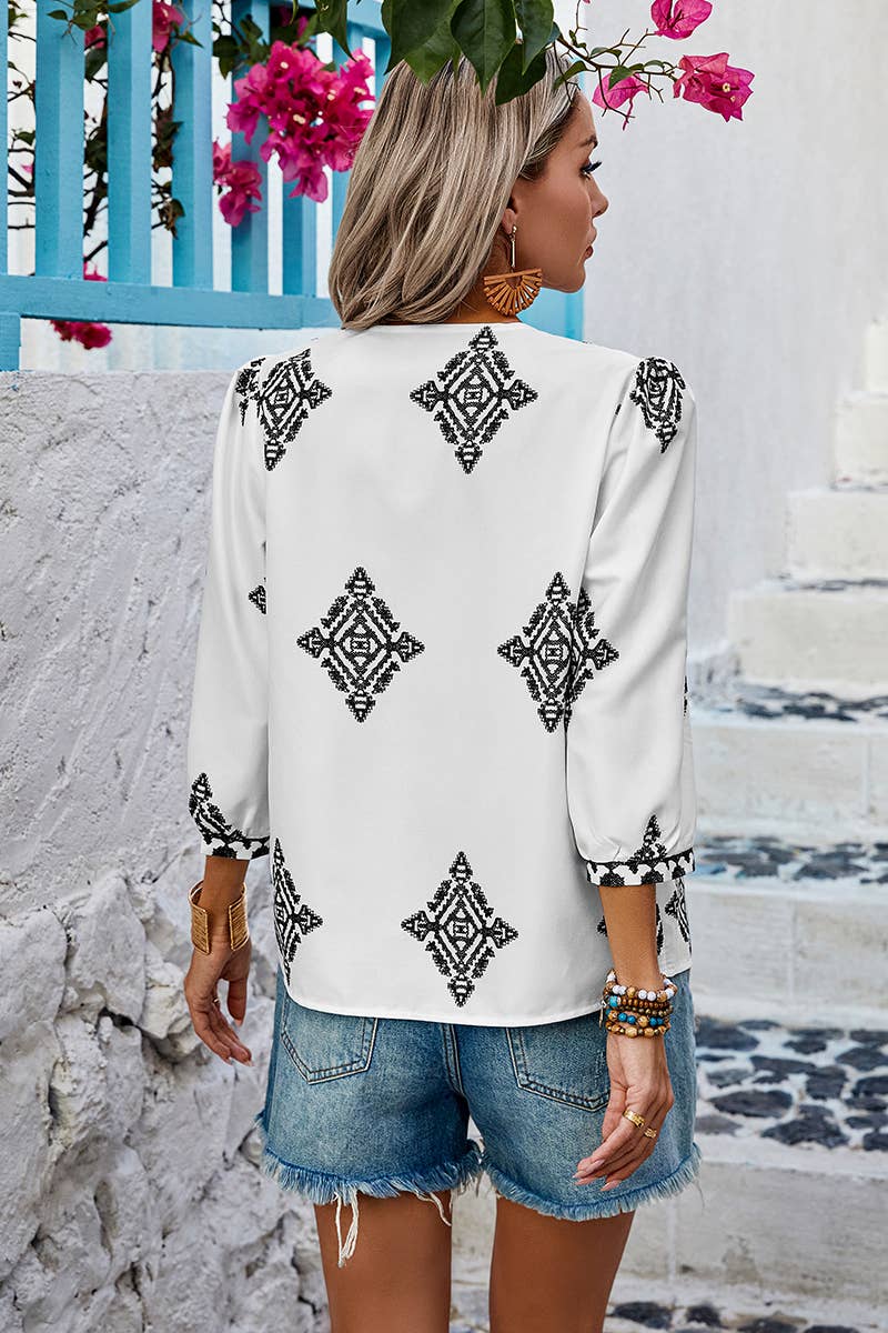 (M) Printed T Shirt V Neck Loose Puff Sleeves Shirts: WHITE / M