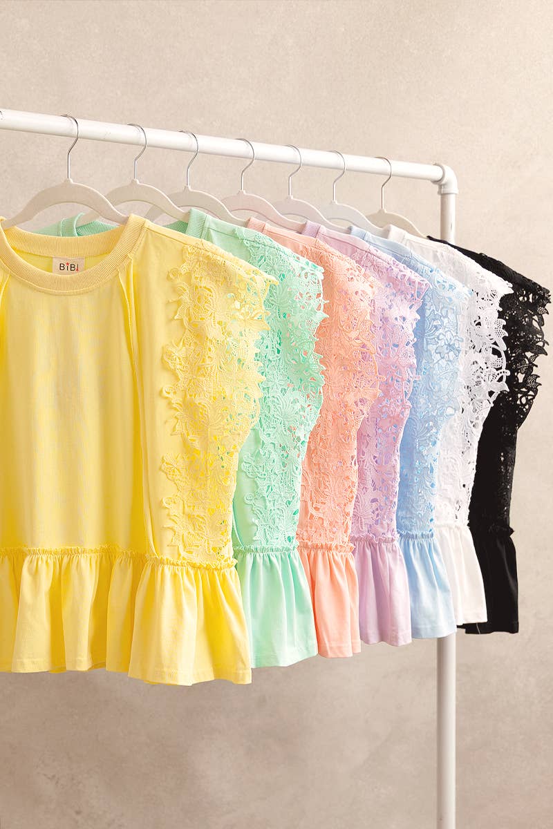 SOLID JERSEY TIERED TOP WITH LACE SLEEVE