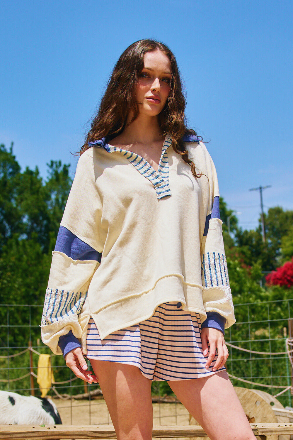 CREAM/NAVY L: French Terry Knit Color-Block Collared Tunic Top