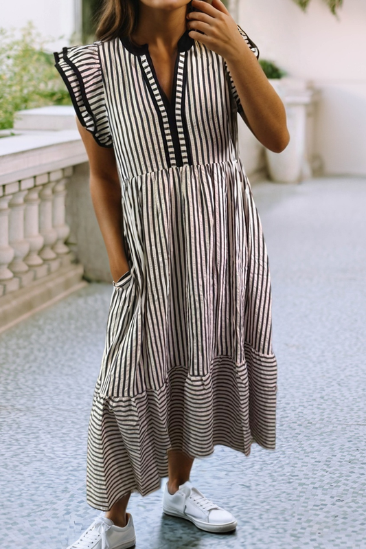 Ruffled Stripe Contrast Trim V Neck Dress