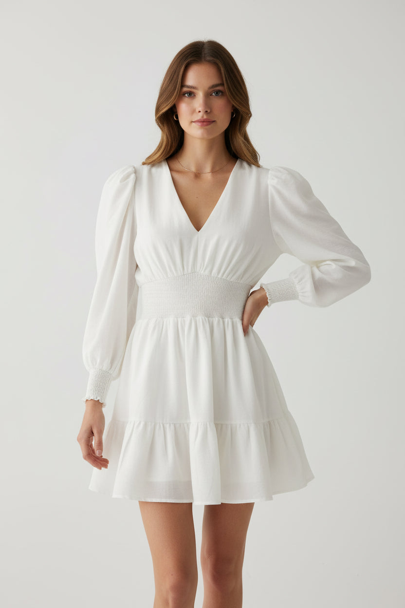 White V-Neck Tier Smock Sleeve Dress