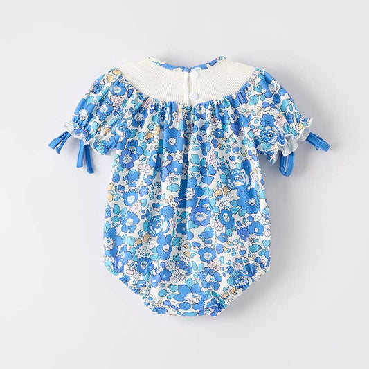 Baby Girls "JESUS LOVES ME" Blue Floral Smocked Embroidery Romper: 3-6M