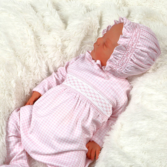 (6-9m) PGG-114 Pink gingham clsssic Pima Hand Smocked Footie: PINK / GIRL /
