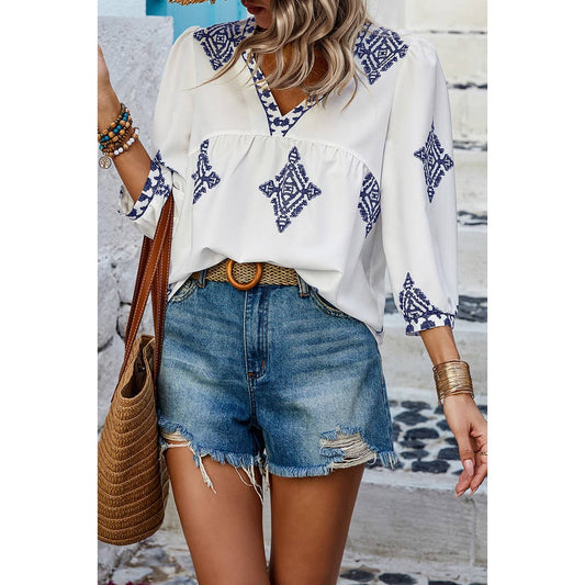 (S)Printed T Shirt V Neck Loose Puff Sleeves Shirts: WHITE / S