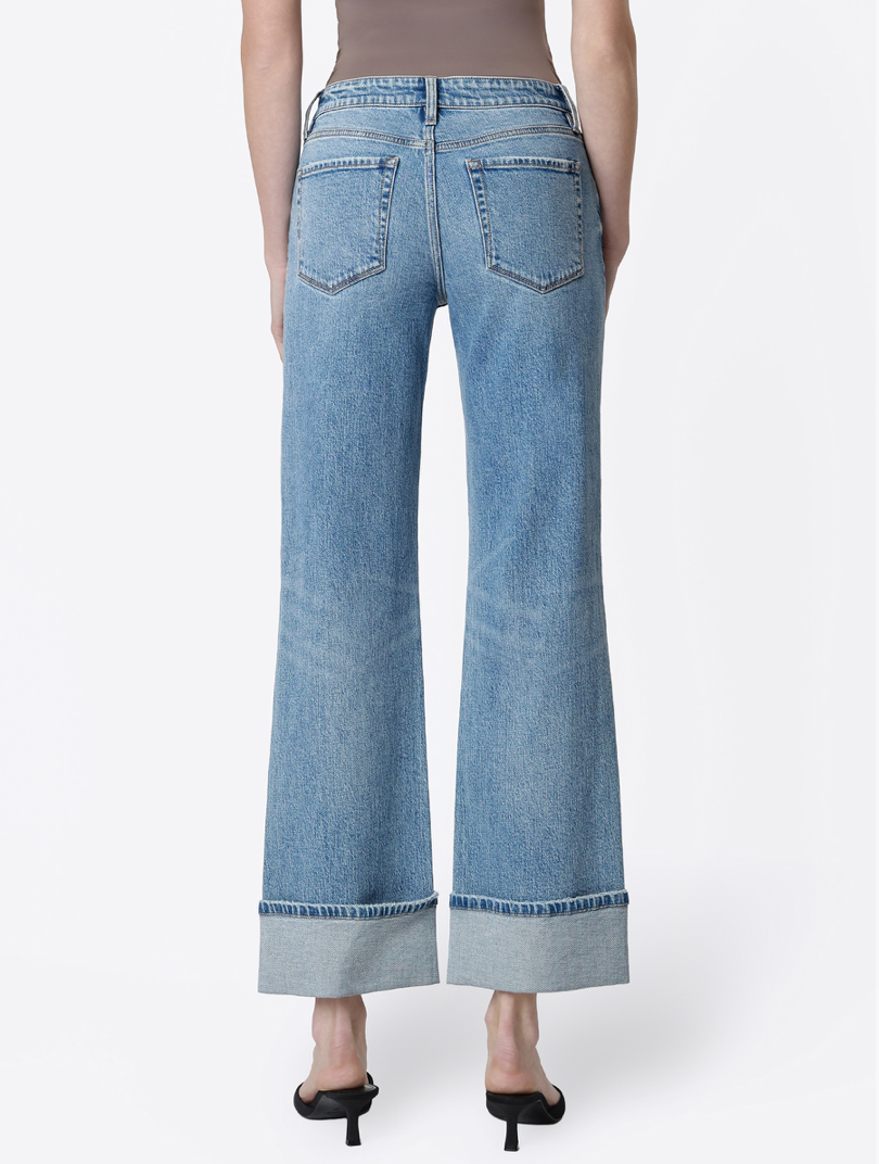 Mid Rise Distressed Cuffed Slim Wide Jeans