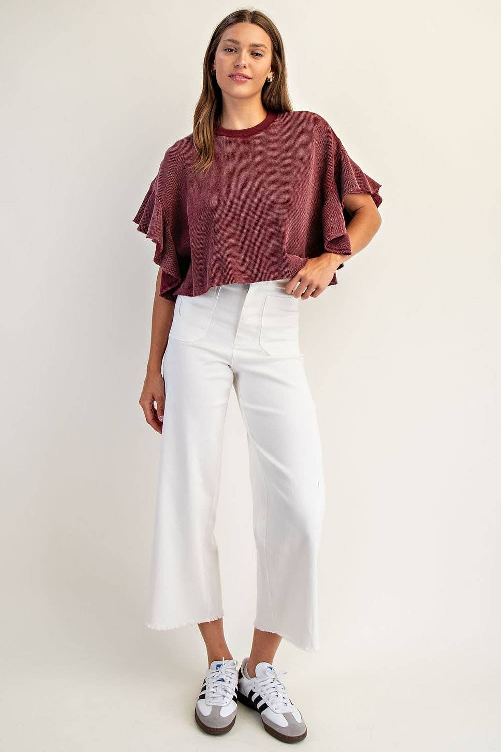 PL8297 - WAFFLE KNIT TIERED FLUTTER SLEEVE CROP TOP
