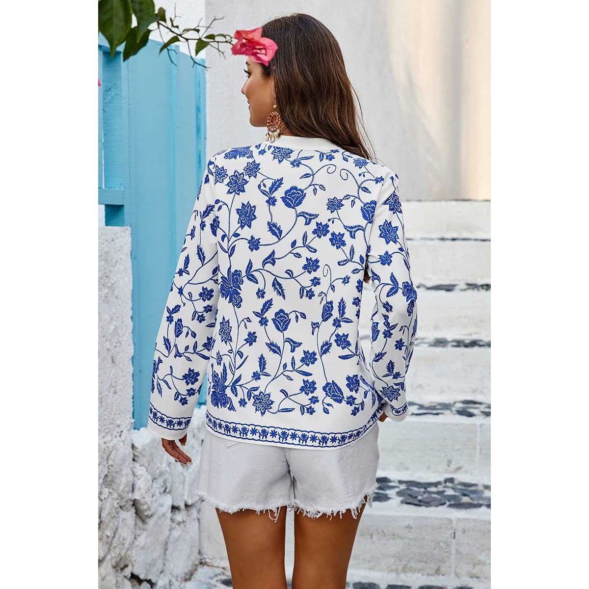 Floral Print Notched Collar V Neck Shirt: WHITE / XL