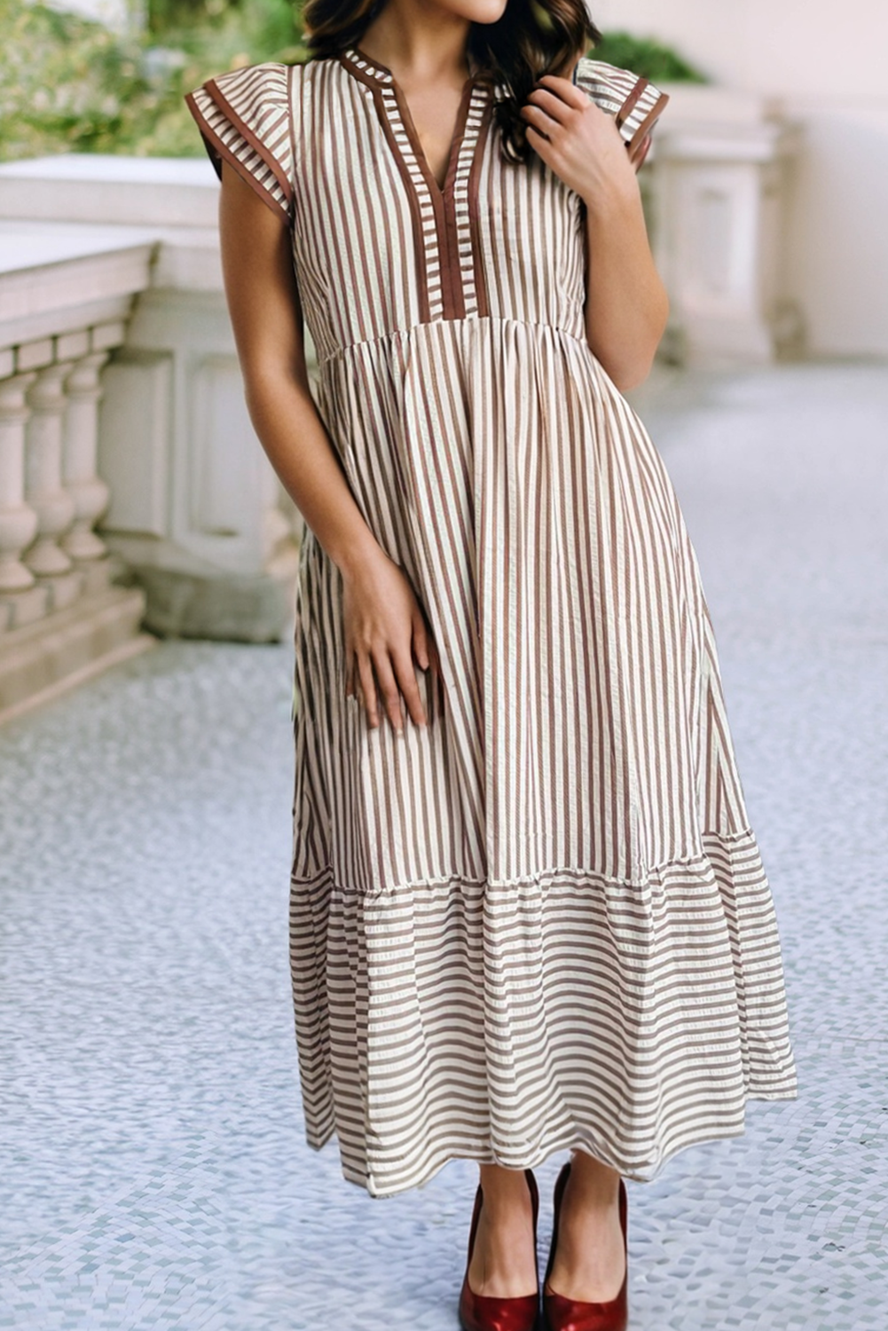 Ruffled Stripe Contrast Trim V Neck Dress