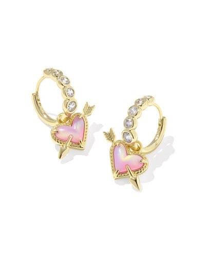 ARI HEART ARROW HUGGIE EARRINGS - GOLD PINK OPALESCENT RESIN