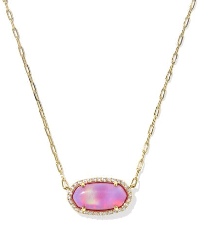ELISA PAVE FRAME SHORT PENDANT NECKLACE - GOLD PINK OPALESCENT RESIN