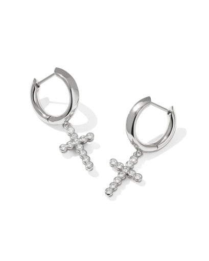 CROSS CRYSTAL HUGGIE EARRINGS - SILVER WHITE CZ