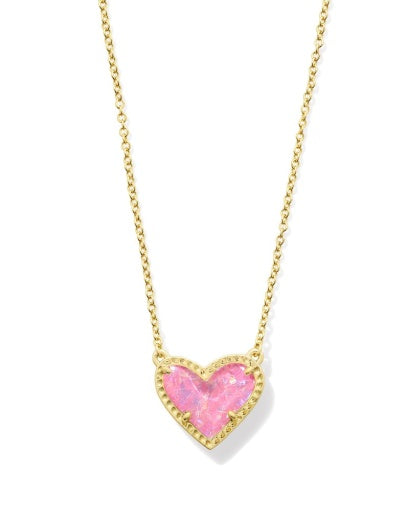 ARI HEART SHORT PENDANT NECKLACE - GOLD PINK IRIDESCENT GLITTER GLASS