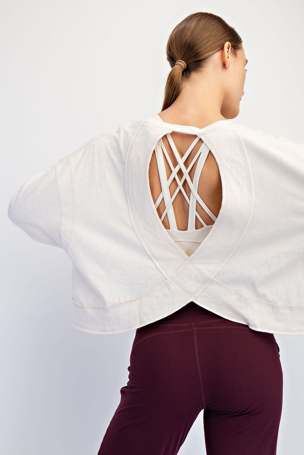 White / M: COTTON SLUB OPEN BACK LONG SLEEVE TOP