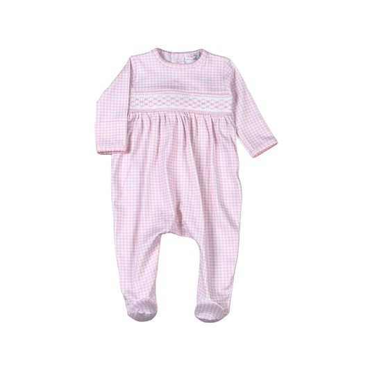 (6-9m) PGG-114 Pink gingham clsssic Pima Hand Smocked Footie: PINK / GIRL /