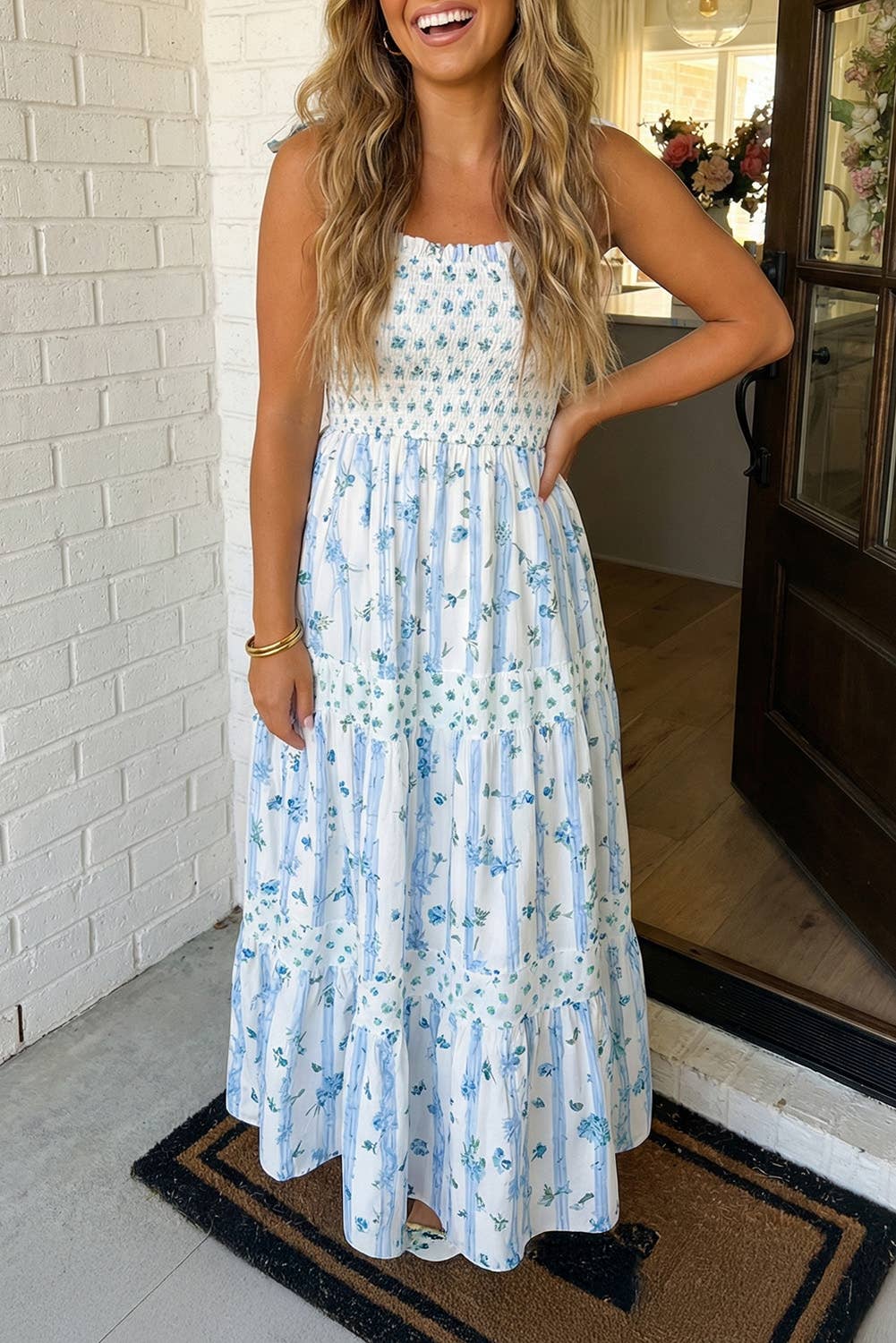 LAS Floral Smocked Tied Straps A-Lined Maxi Dress (S-XL)