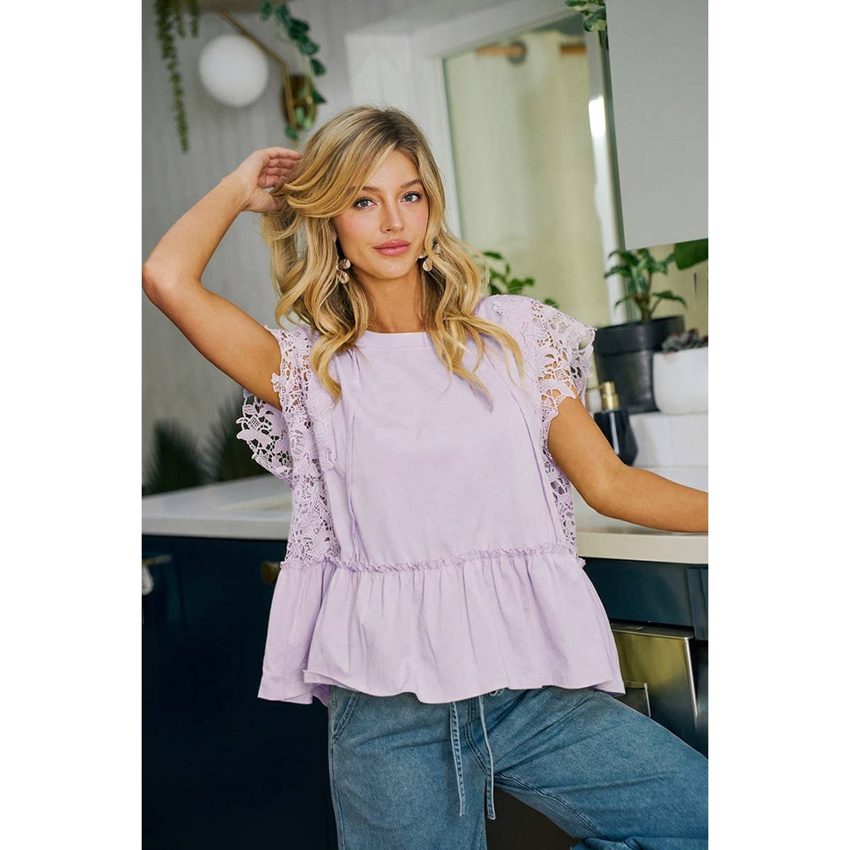 SOLID JERSEY TIERED TOP WITH LACE SLEEVE