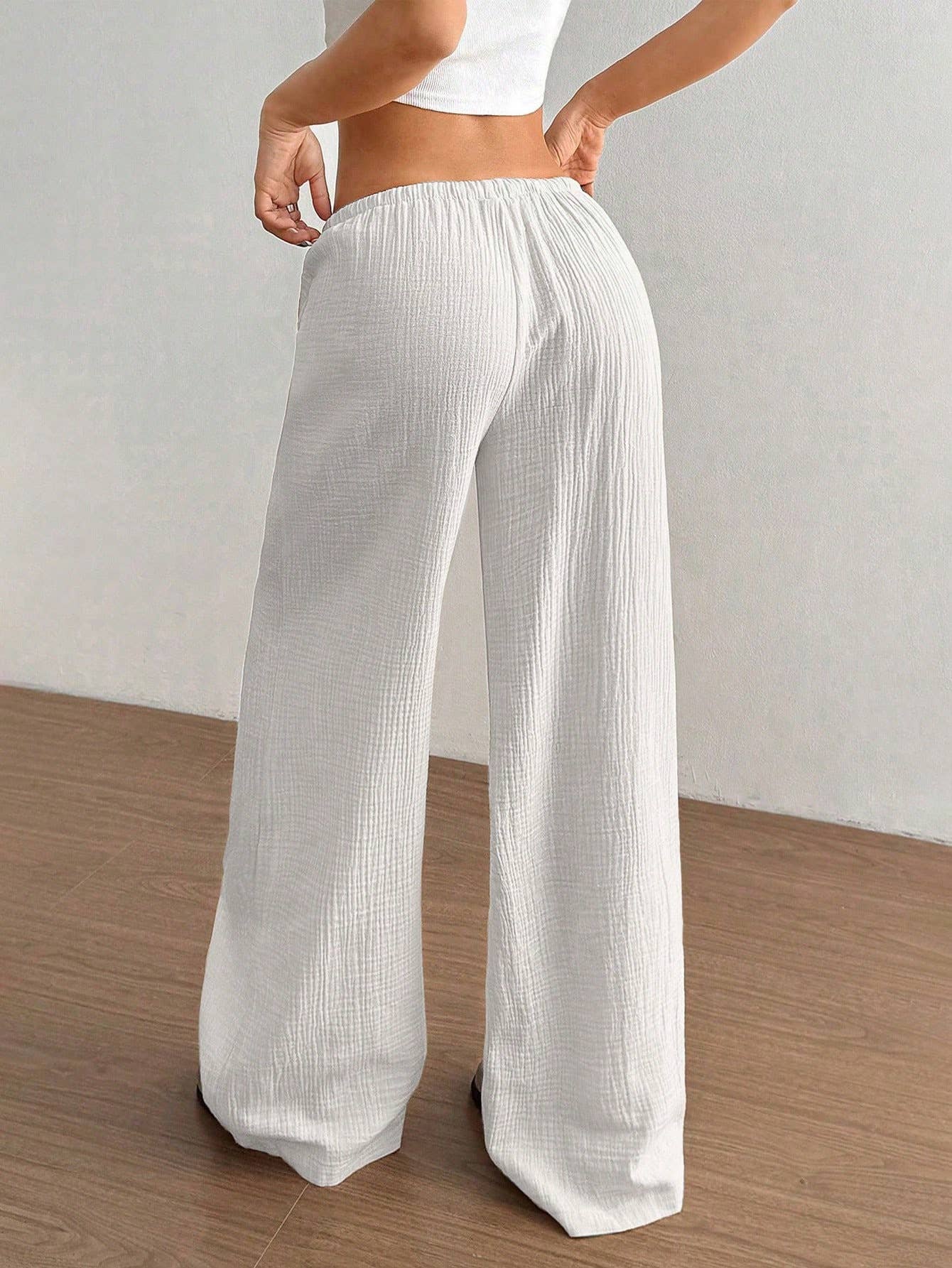 (L) Pure cotton pure color easy wide-legged pants: WHITE / (L) 1