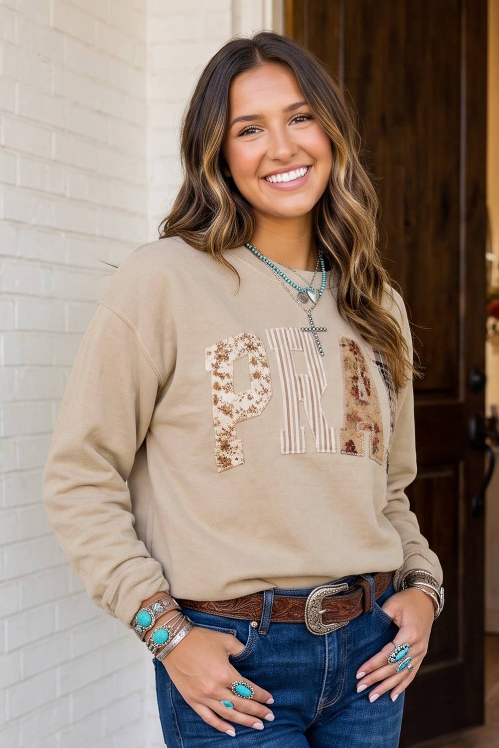 LAS Western PRAY Plaid Letter Patchwork Sweatshirt