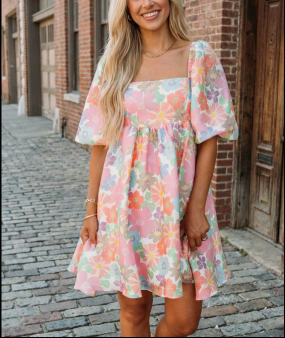 Floral Square Neck Puff Sleeve Babydoll Mini Dress
