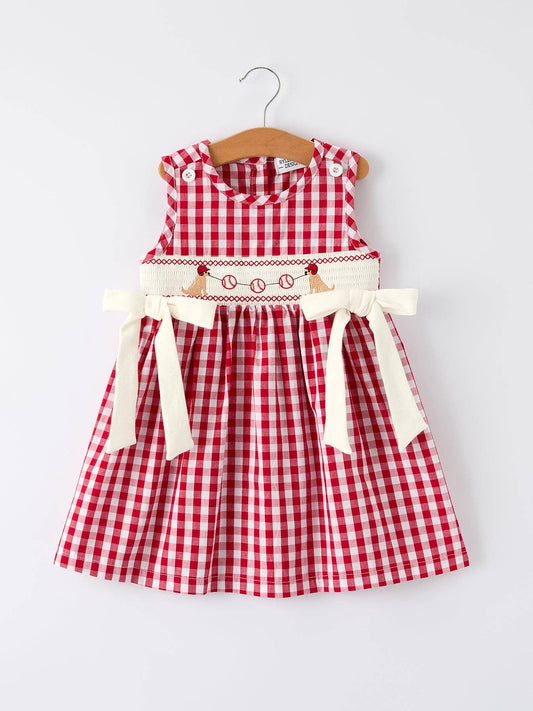 4T Mommy & Me Girl Dress – Dog Baseball Smocking Embroidery Outfit