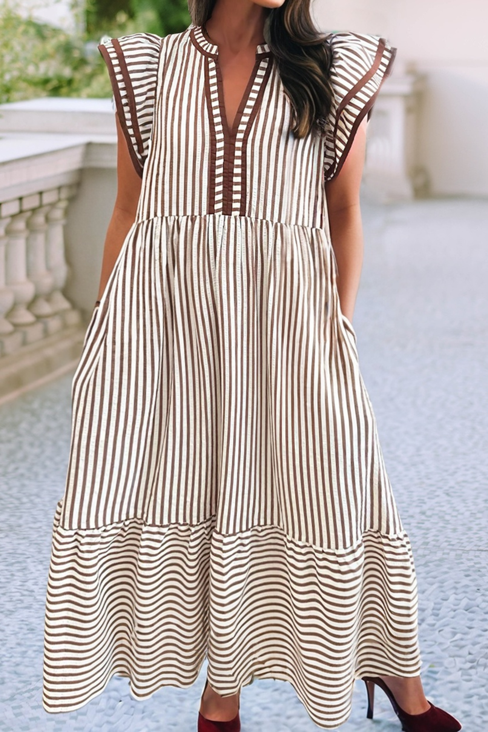 Ruffled Stripe Contrast Trim V Neck Dress