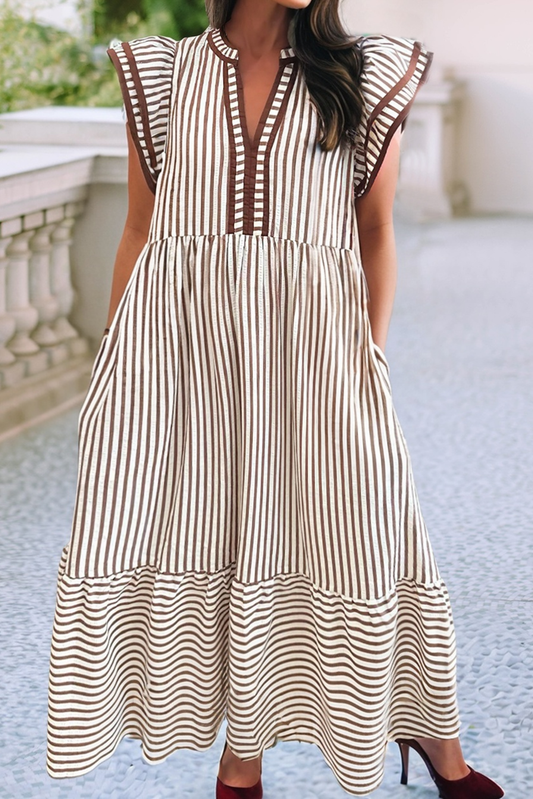 Ruffled Stripe Contrast Trim V Neck Dress