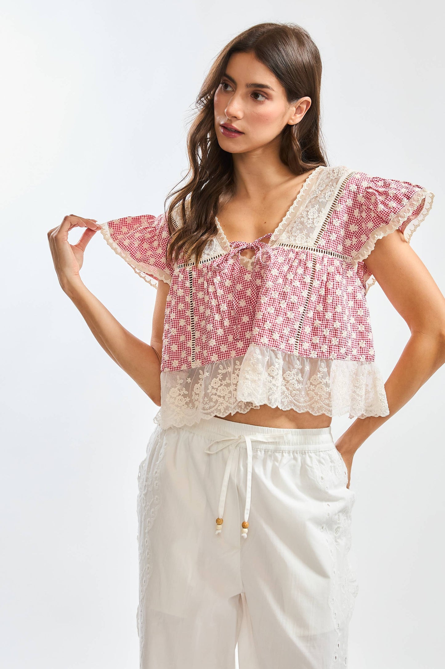 LACE-TRIMMED BLOUSE: RED