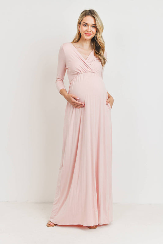 Navy / L: Surplice Quarter Sleeve Nursing Maxi Dress
