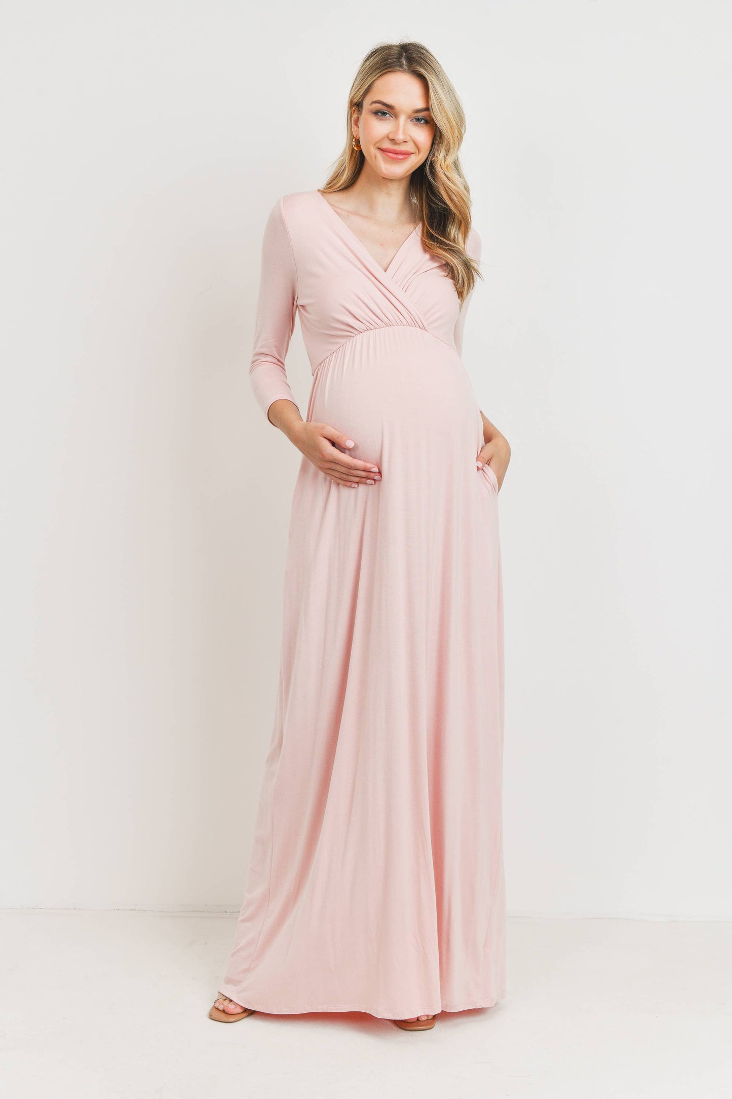 Blush / L: Surplice Quarter Sleeve Nursing Maxi Dress