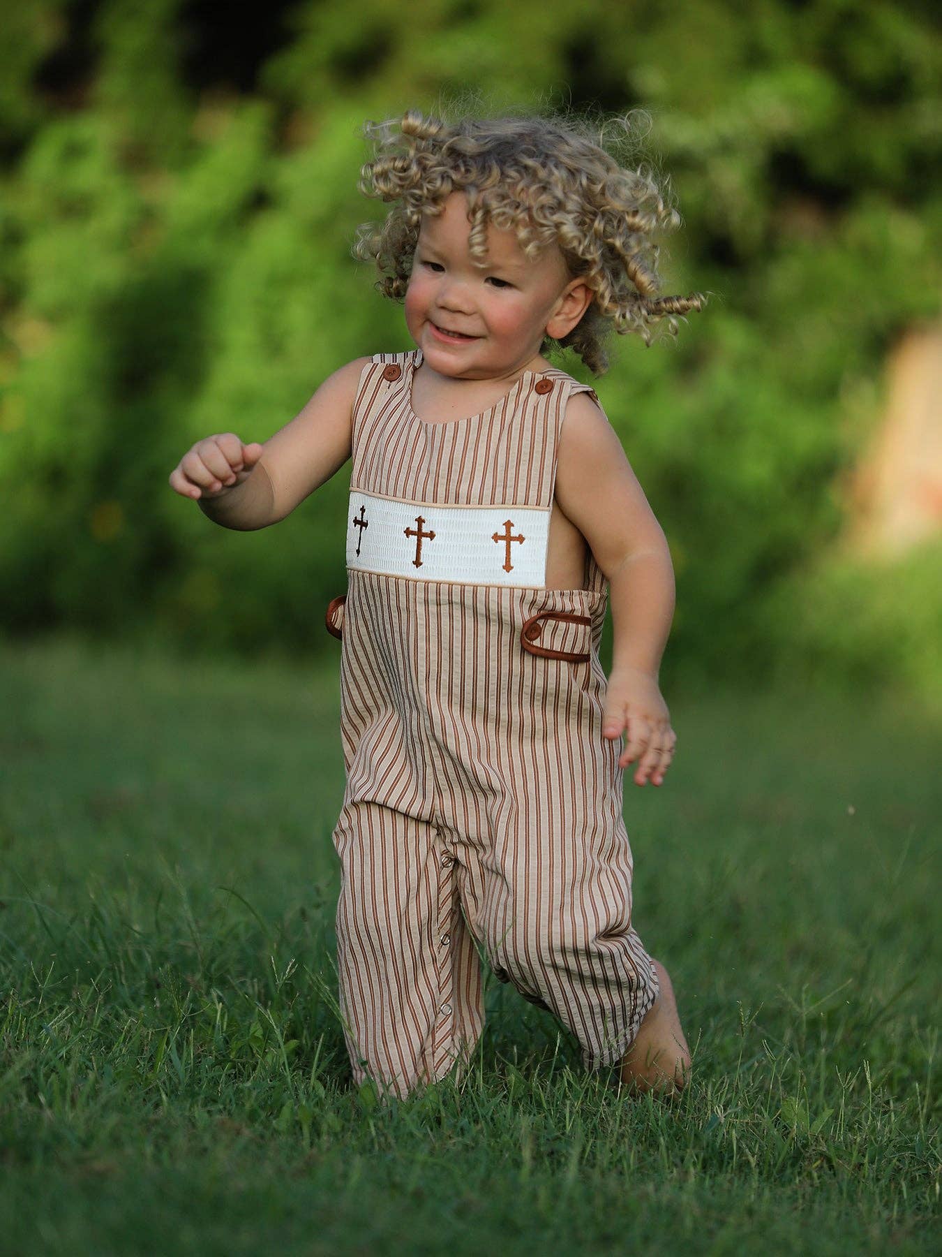 12M Stripe Smocked Church Christ Bishop Christening Toddler Boys' Romper