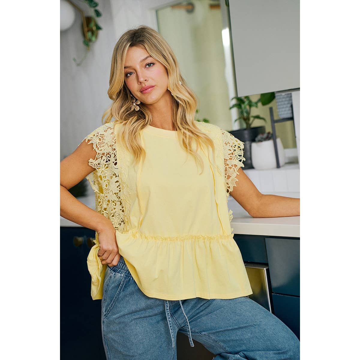 SOLID JERSEY TIERED TOP WITH LACE SLEEVE