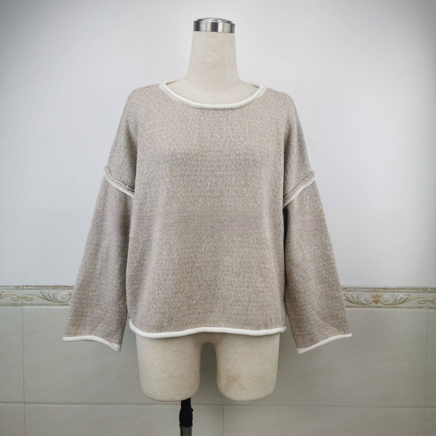 CWOSWL1043_Casual Crew Neck Pullover Long Sleeve Sweater: KHAKI / (S) 1