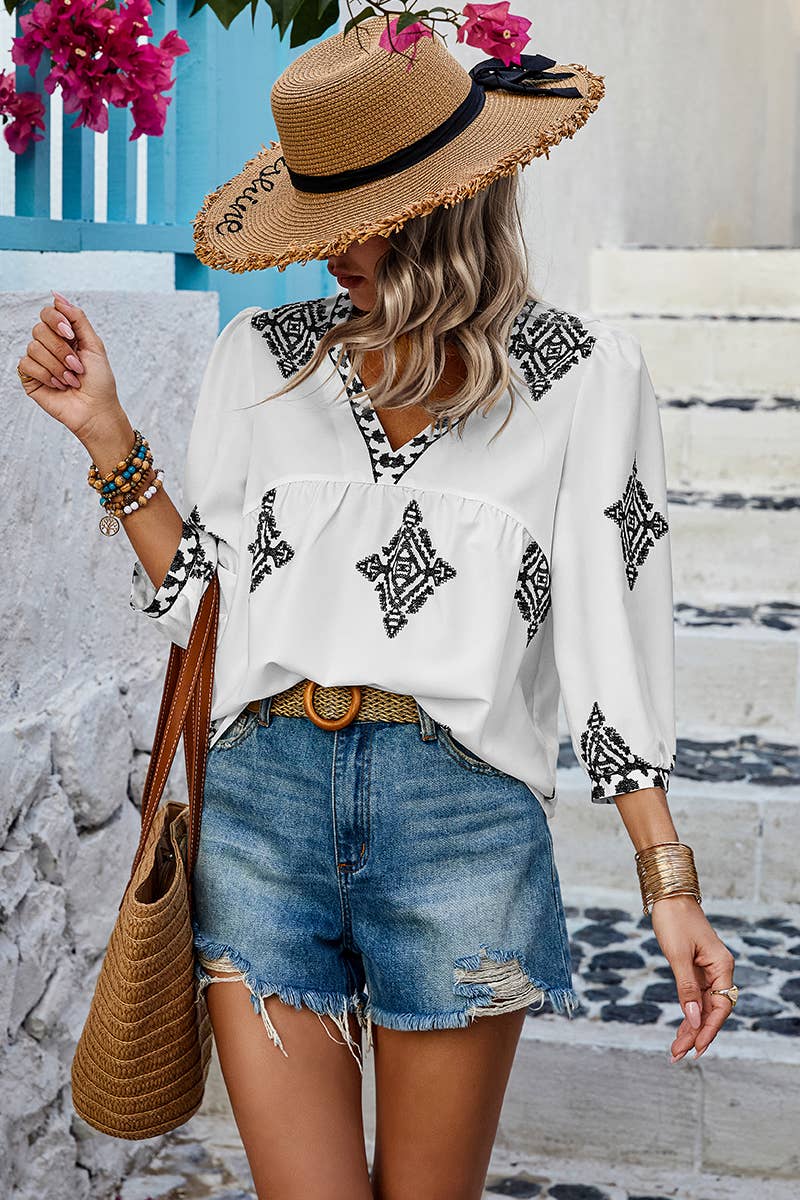 (S)Printed T Shirt V Neck Loose Puff Sleeves Shirts: WHITE / S