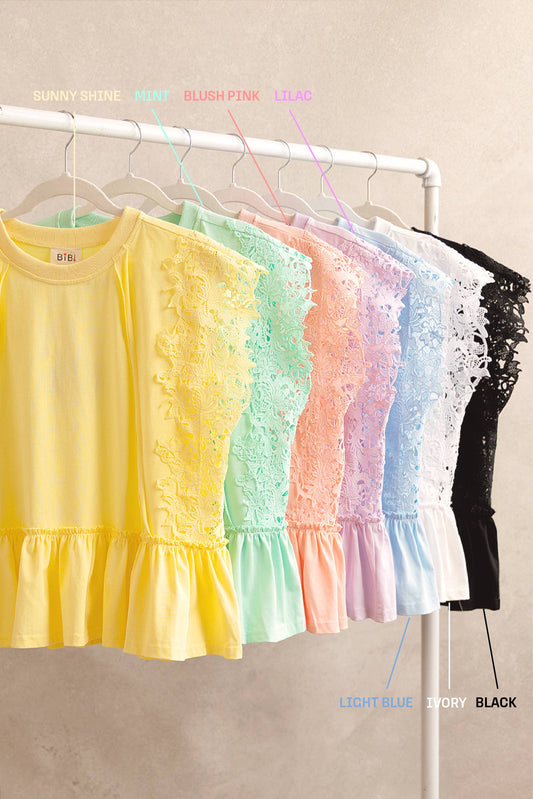 SOLID JERSEY TIERED TOP WITH LACE SLEEVE