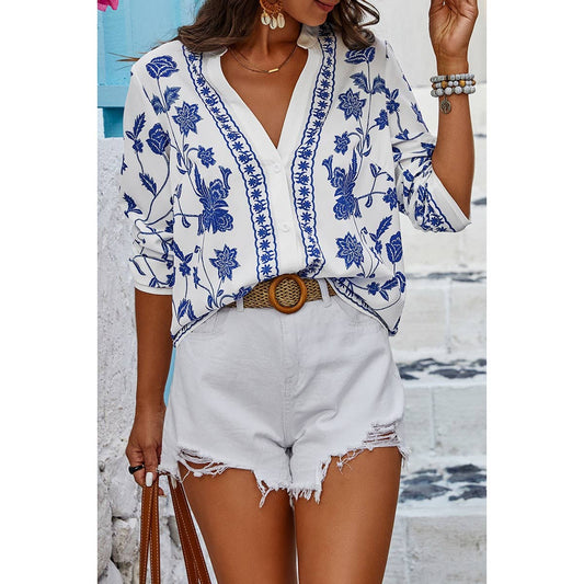 Floral Print Notched Collar V Neck Shirt: WHITE / XL