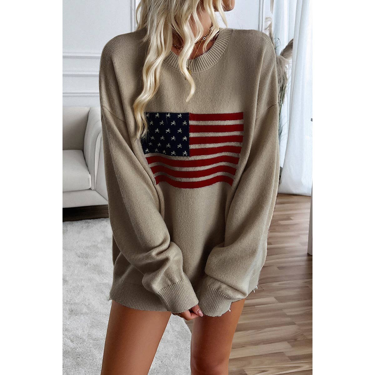 WHITE S - Knit Round Neck Flag Print Loose Fit Sweater