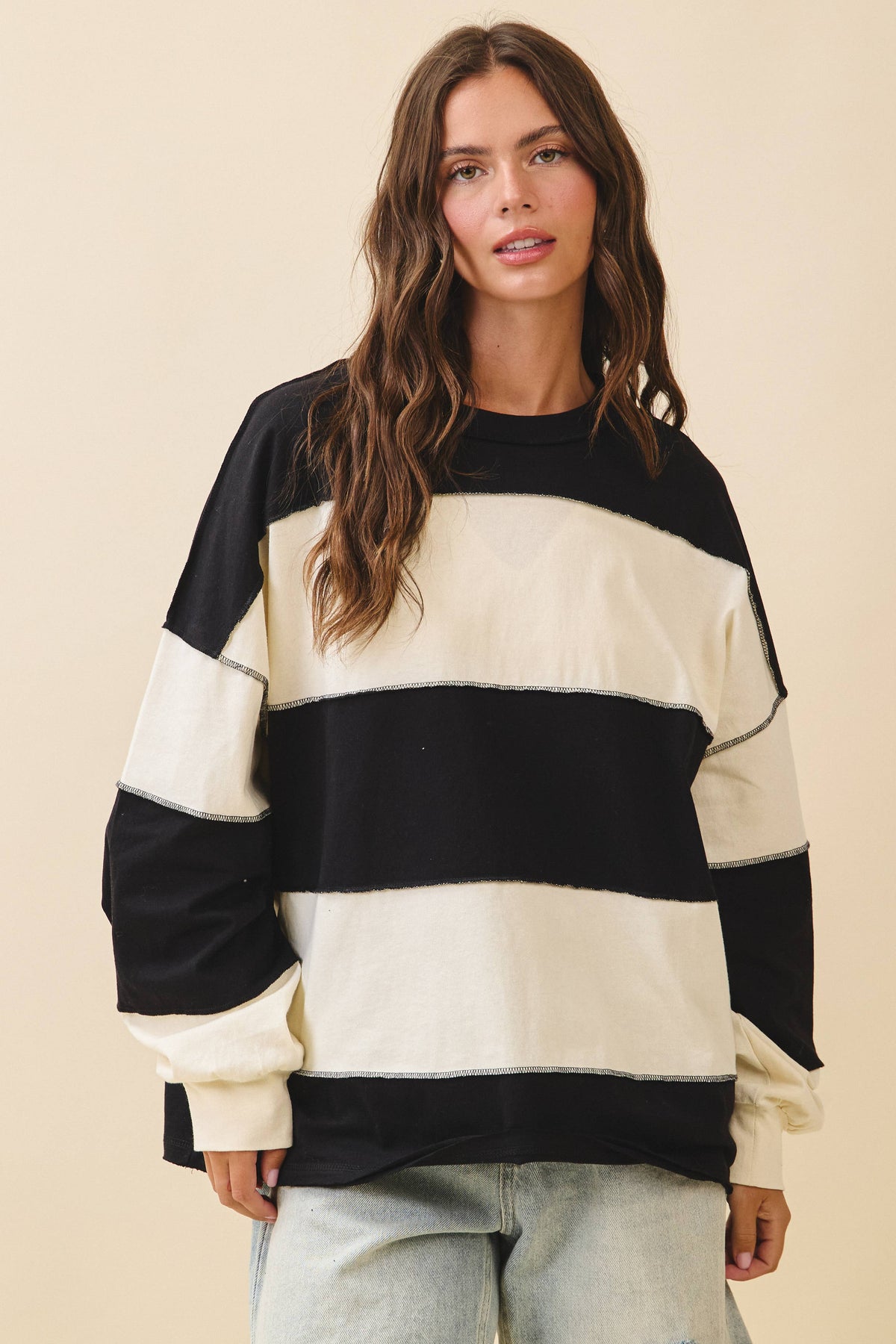 Oversized Color Block Long Sleeve Pullover