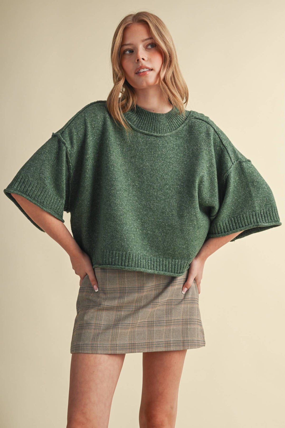 MARLED KNIT MOCK NECK SHORT SLEEVE SWEATER