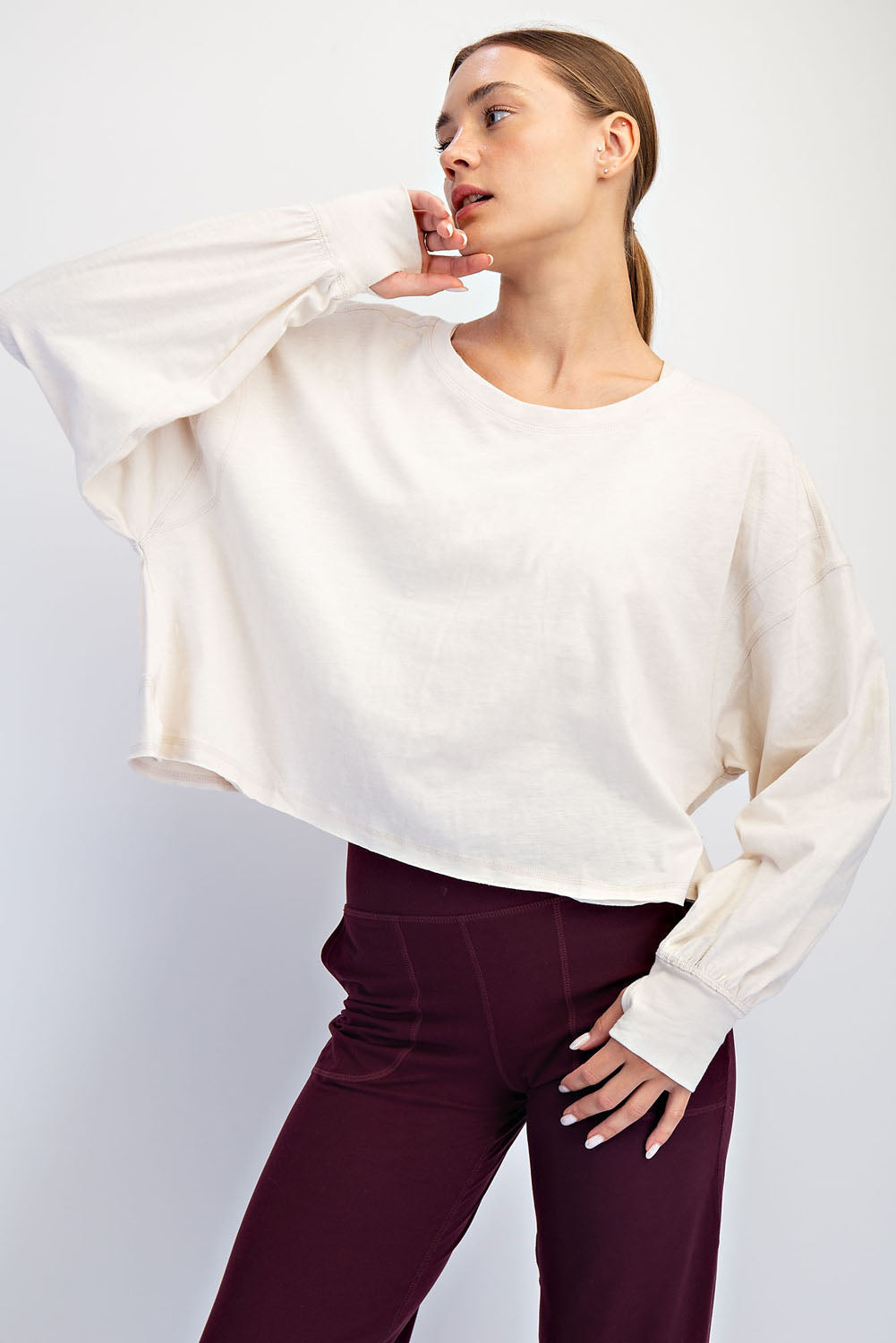 White / M: COTTON SLUB OPEN BACK LONG SLEEVE TOP