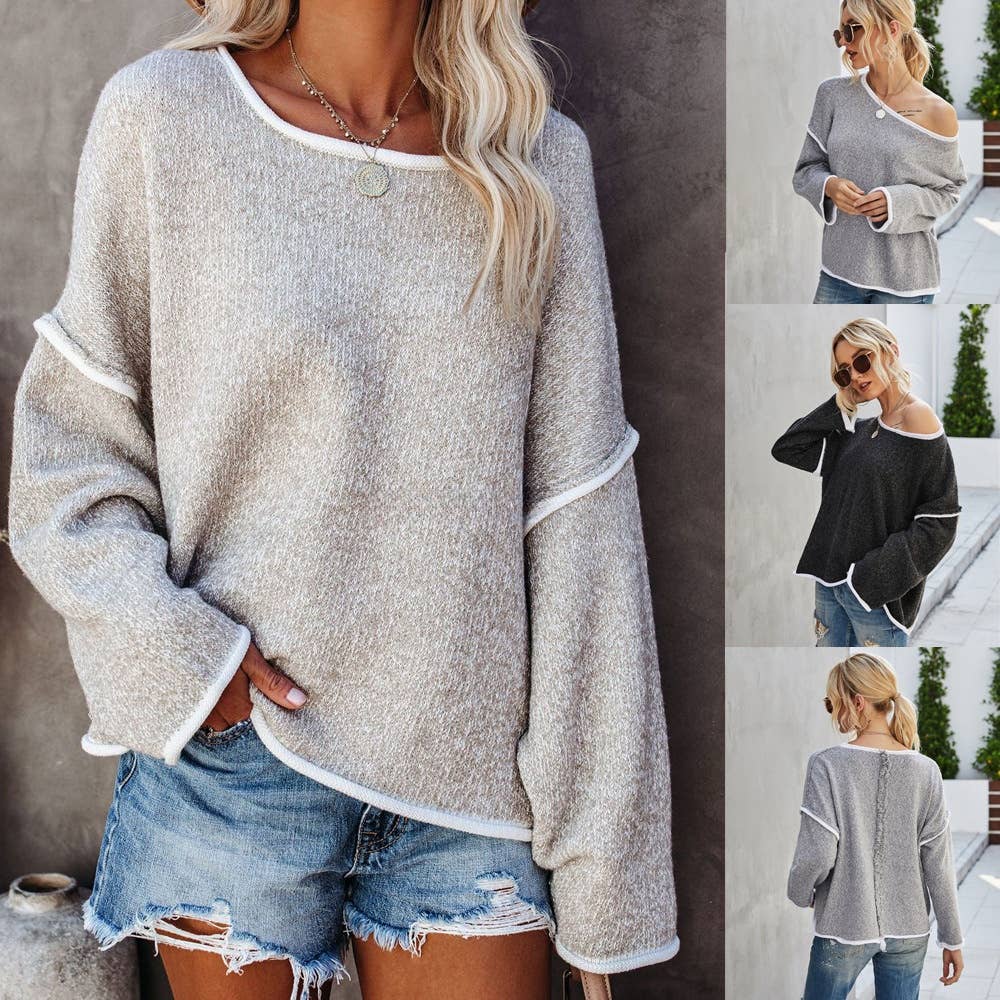 CWOSWL1043_Casual Crew Neck Pullover Long Sleeve Sweater: KHAKI / (M) 1