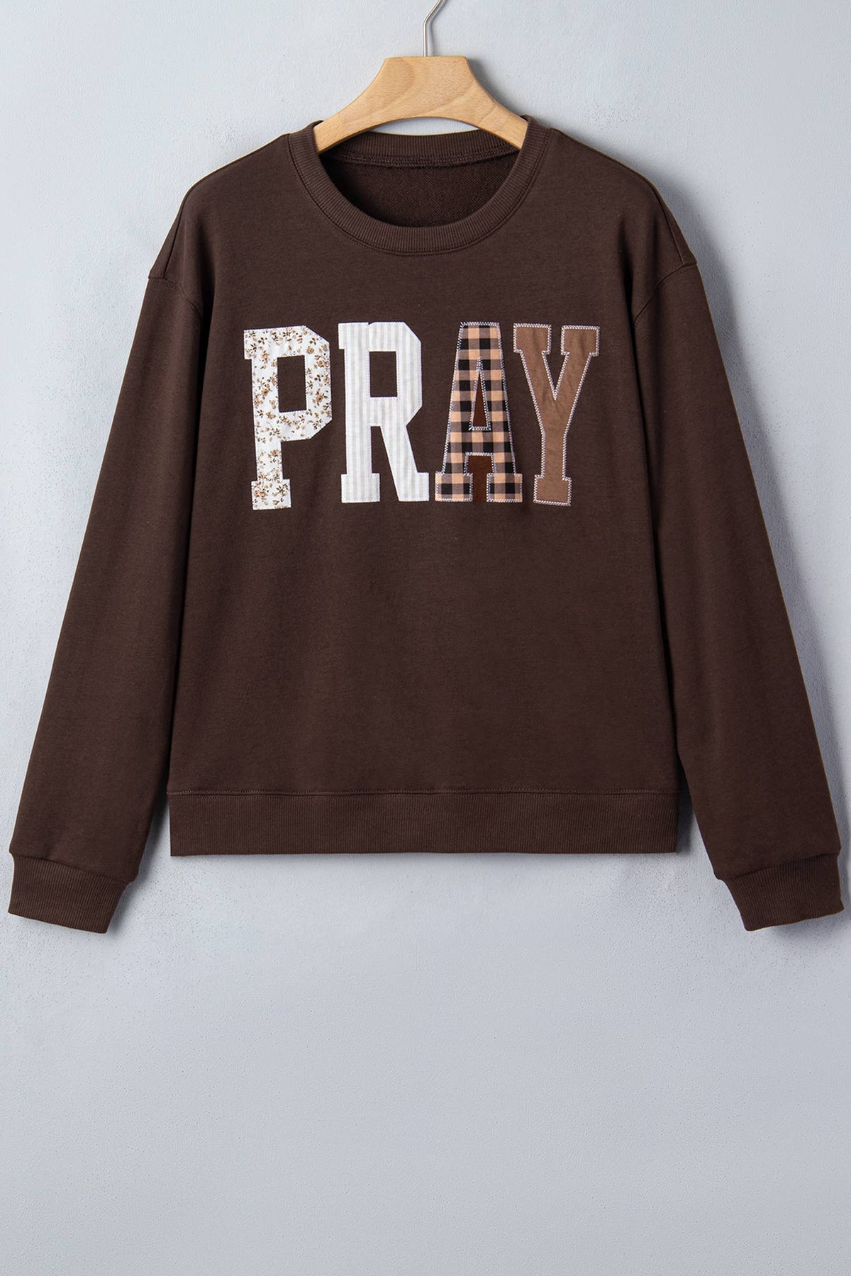 LAS Western PRAY Plaid Letter Patchwork Sweatshirt