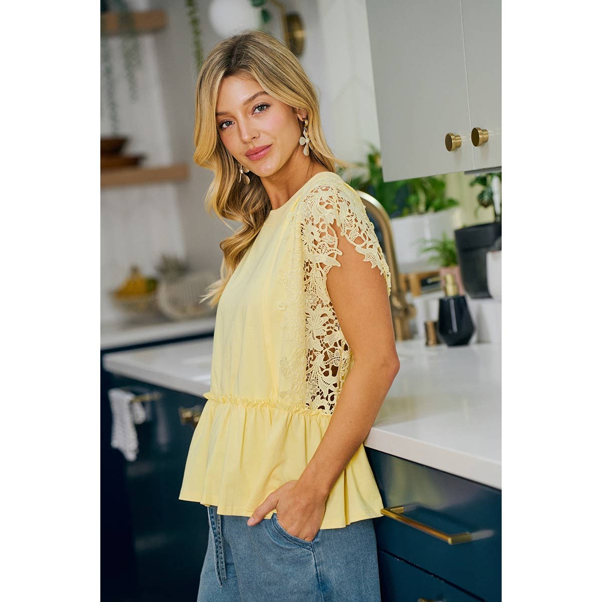 SOLID JERSEY TIERED TOP WITH LACE SLEEVE