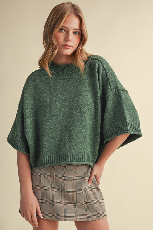 MARLED KNIT MOCK NECK SHORT SLEEVE SWEATER