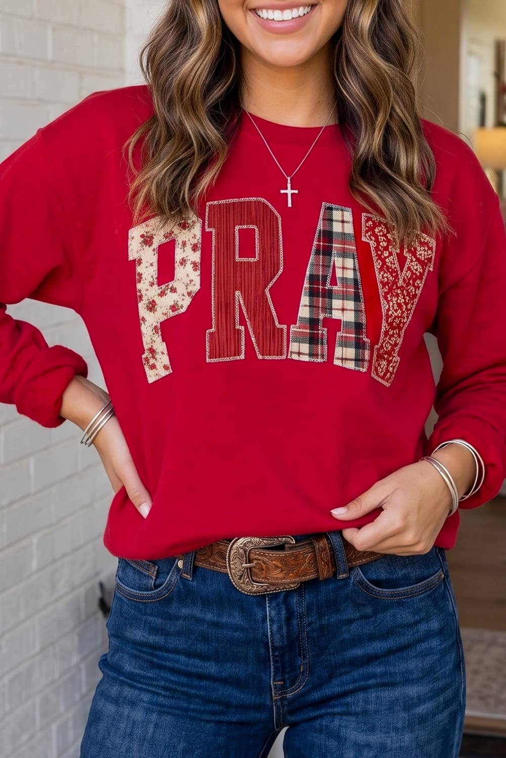 LAS Western PRAY Plaid Letter Patchwork Sweatshirt